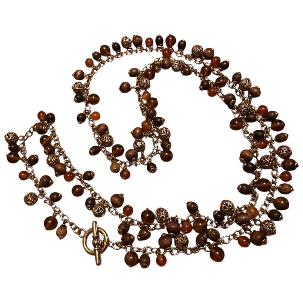 Elegant Warm Brown and Gold Tone Beaded Long Necklace